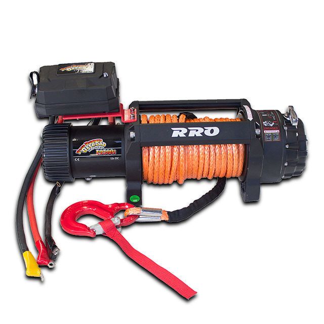 A heavy-duty RRO winch with an orange cable, equipped with a sturdy red hook