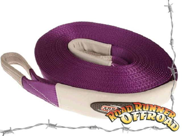 A coiled purple winch extension strap with a beige loop at one end, featuring an ARB logo